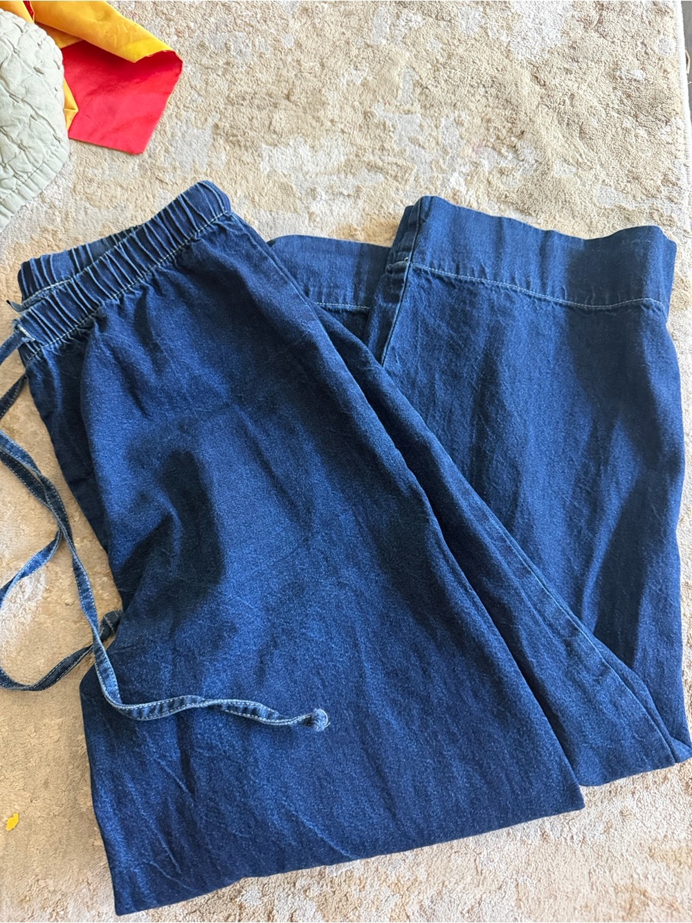100% cotton Dark Blue Drawstring Wide-Leg Pants